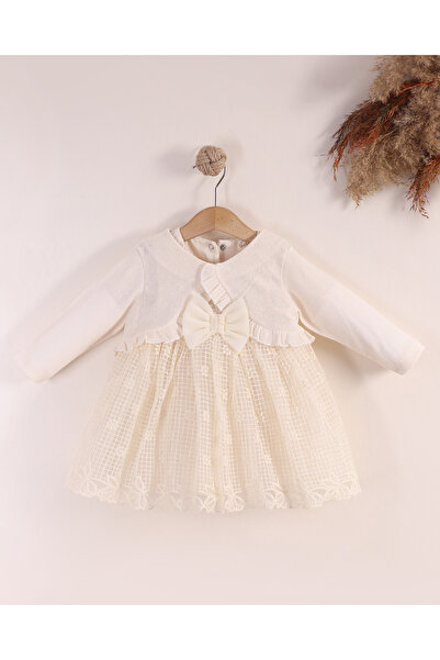 Serkon BABY Triko Bolerolu Fiyonk Detaylı Zarif Dantel Kız Bebek Elbise