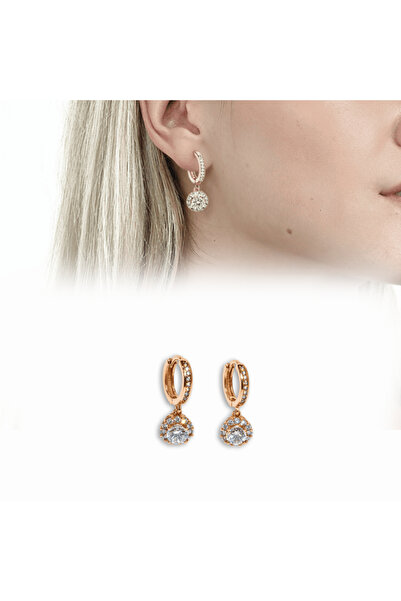 Tesbihane Elmas Görünümlü Rose Renk 925 Ayar Gümüş Küpe