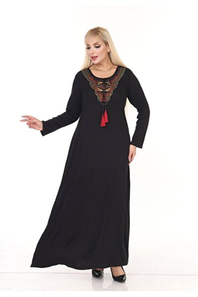 Barato Ethnic Collar Long Sleeve Full Length Knitted Viscose Lycra Fabric Black Plus Size Dress