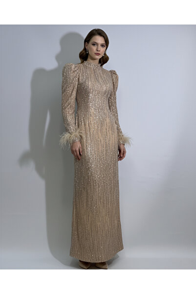 Aşina Bridal Tesettür abiye karpuz kol, kalem kesim işlemeli, açık bej abiye