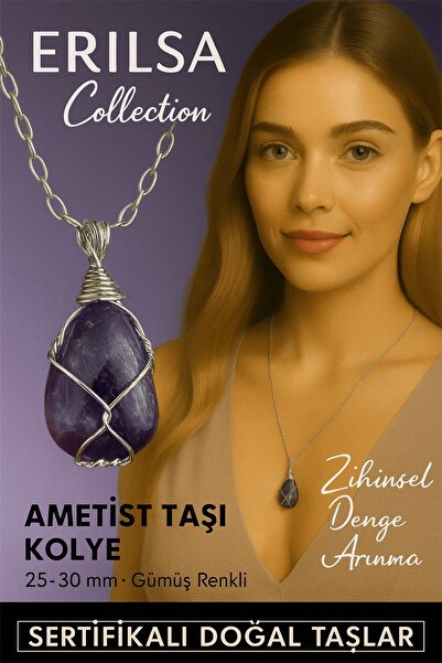 Erilsa قلادة من حجر الأميثيست الطبيعي الداكن ملفوفة بسلك فضي معتمد - حجر هدوء...