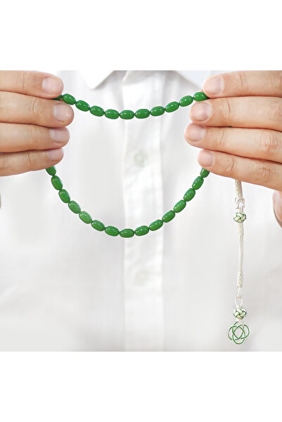 Tesbihane 1000 Sterling Silver Kazaz Tassel Special Cut Emerald Green Crimped Amber Prayer Beads