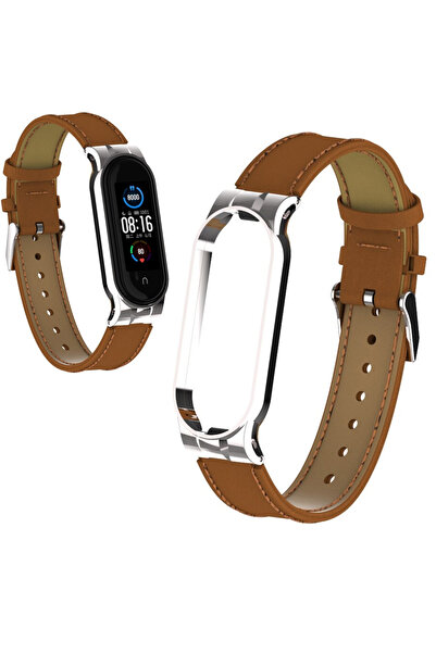 Other Curea din piele pentru Xiaomi Mi Band 8 - Maro-Argintiu