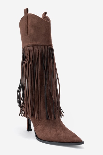 LuviShoes Γυναικείες μπότες με τακούνι GUERAS καφέ σουέντ με φούντα με μυτερή μύτη