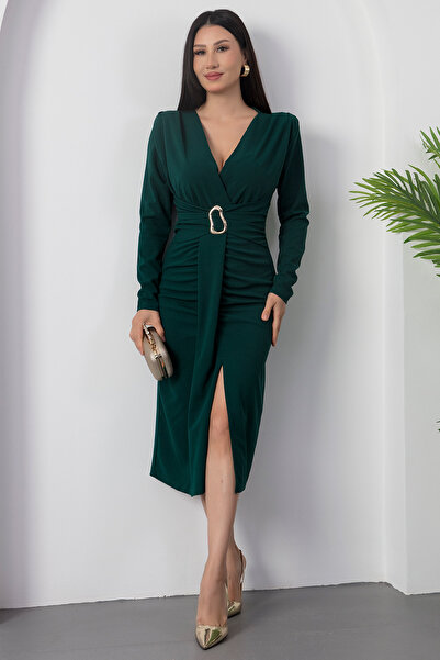 PULLIMM Kruvaze Yaka Uzun Kol Beli Tokalı Elbise GRS3829