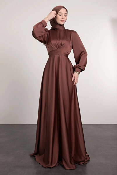 Tesettür Diyarı Yakadan Çaprazlı Bele Bağlamalı Tesettür Abiye- Kahverengi