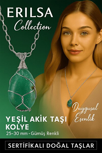 Erilsa Sertifikalı Gümüş Tel Sargılı Doğal Yeşil Akik Taşı Kolye – 25-30 mm Huzur ve Denge Taşı