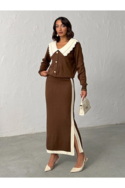 BEJNA Braunes Strickset mit Babykragen für Damen