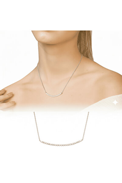 Tesbihane Suyolu Tasarım Sıralı Zirkon Taş Süslemeli Gümüş Renk 925 Ayar Gümüş Kolye