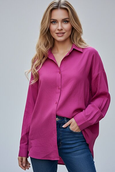 Kübra Tekstil Kadın Fuşya Classic Regular Fit Düğmeli Uzun Kollu Keten Rahat Kesim Gömlek Bluz, Kadın Gömlek