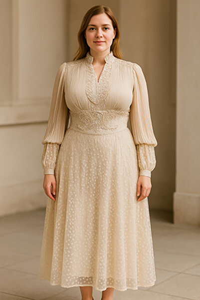 sweetyar Boncuklu Şifon Abiye Elbise – Hakim Yaka, Kemerli, Astarlı, Midi Uzunluk