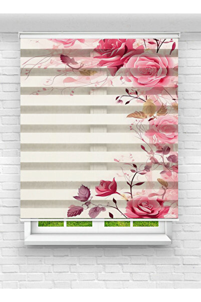 evana home Kırmızı Gül Desenli Zebra Perde – Zarif, Romantik ve Leke Tutmaz T...