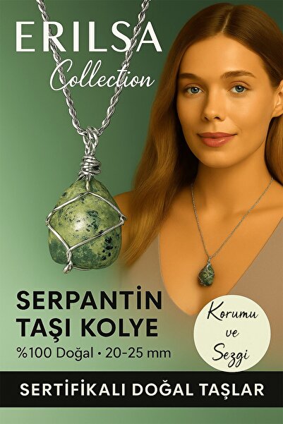 Erilsa Sertifikalı Gümüş Tel Sargılı Serpantin Yılan Taşı Kolye – 20-25 mm De...