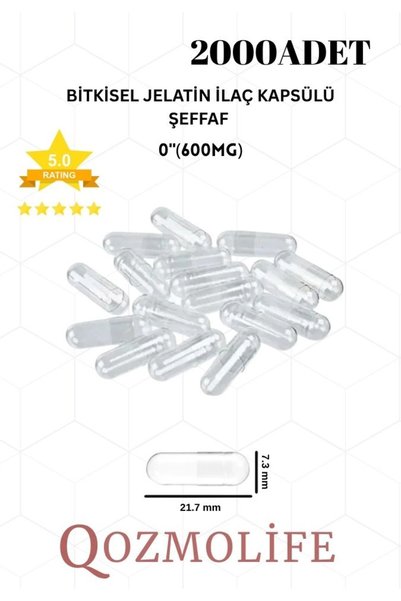 QOZMOLİFE Orta Boy Şeffaf Bitkisel Jelatin Boş İlaç Kapsülü Helal Sertifikalı 0"600mg (2000 Adet)
