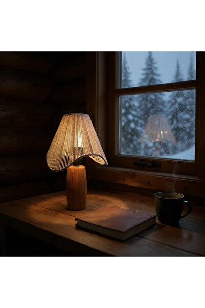 KorFam HASIR EL YAPIMI BOHEM ASİMETRİK ŞEKİLLİ AHŞAP AYAKLI RUSTİK ABAJUR