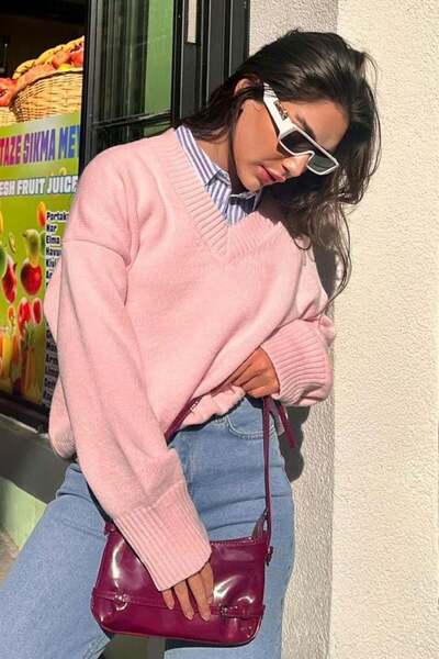 ELBA STİL Pulover roz cu decolteu în V supradimensionat pentru femei