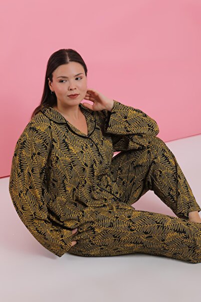 Akbeniz Women's Plus Size Tropical Leaf Print Button down Pajama Set
