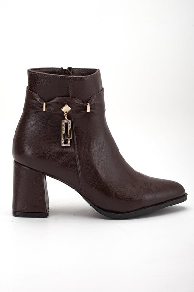 Dilimler Ayakkabı Brown Women's Thick Heeled Boots with Earring Stones Faux Leather