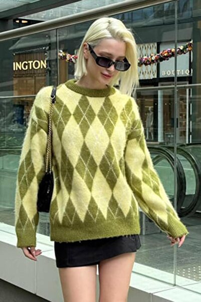 ELBA STİL سترة خضراء ذات ياقة دائرية ونقشة البقلاوة