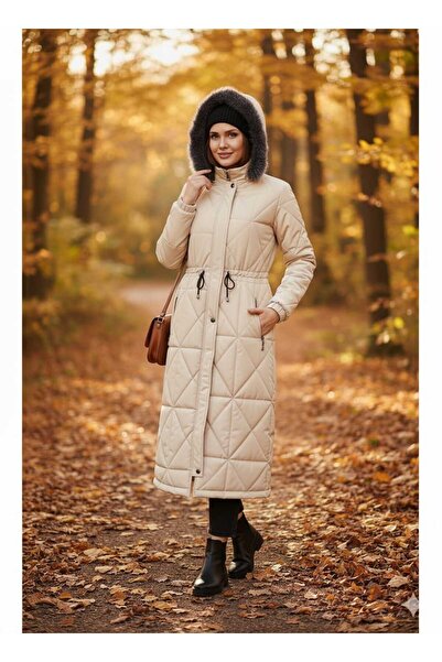 KMKkombin Women's Quilted Waist-Tieded Medium-Length Puffer Jacket Coat 205