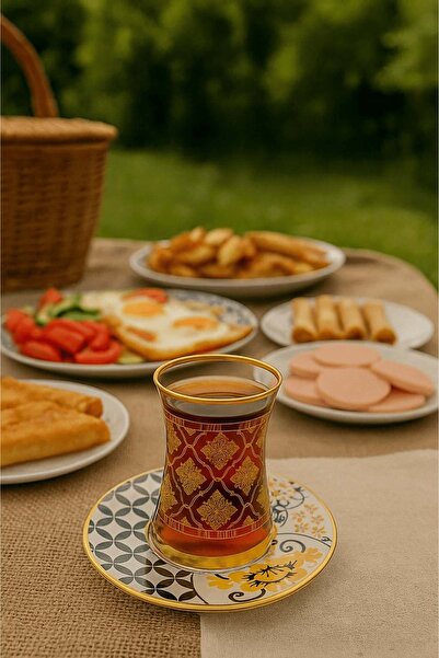 Jenisa 12 Pieces Gold Gilt Patterned Thin-Waisted Glass Tea Cup and Saucer - Tea Set