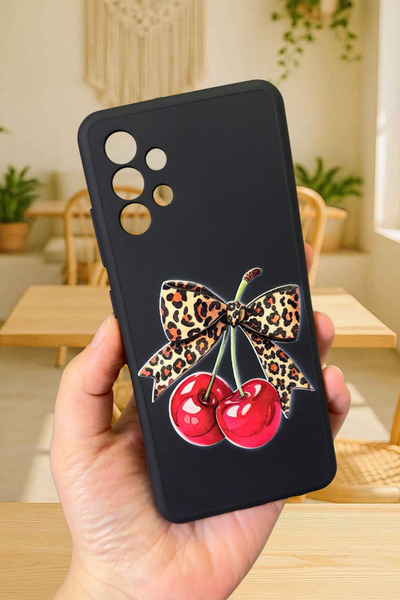 Vip Case Samsung Galaxy A32 Kiraz Leopar Fiyonk Desenli Silikon Darbe Emici Klasik Korumalı Rubber Kılıf