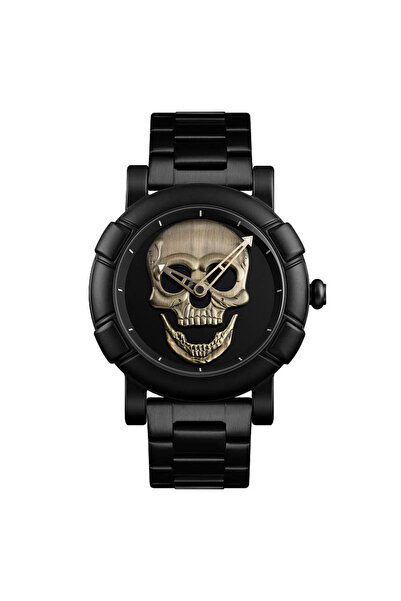 Skmei Ceas bărbătesc cu craniu, cuarț auriu, analogic, oțel negru
