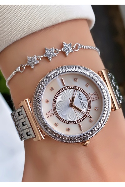 Ferrucci Women's Wristwatch Steel Band Rose Silver Color – Stylish and Elegant Design with Stone Star Bracelet Gift