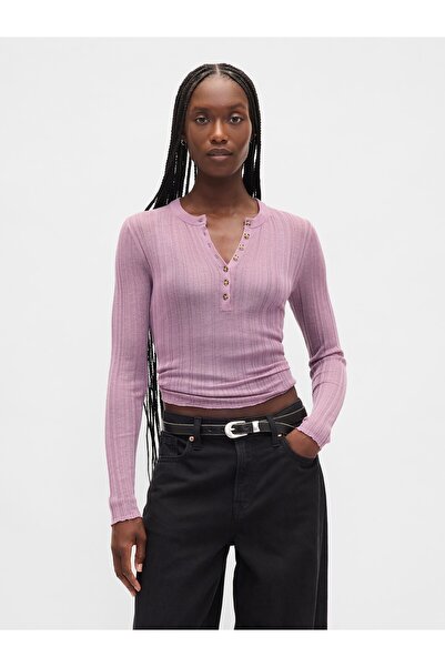 GAP Kadın Mor Transparan Fitilli Henley Kazak