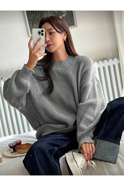 Buteks Gri Melanj Kadın Basic Salaş Rahat Kalıp Oversize Triko Kalın Dokulu Basic Kazak