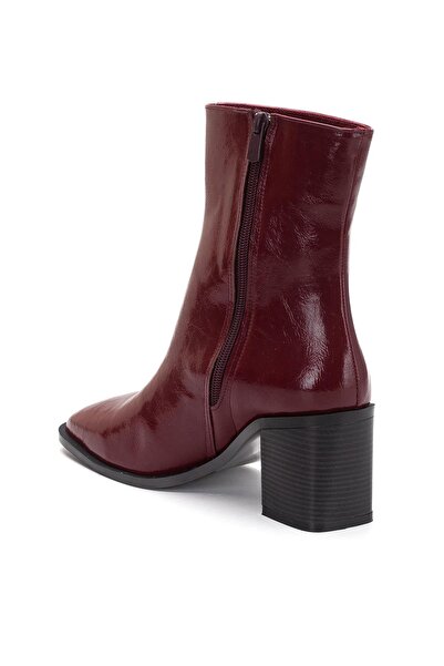 Dilimler Ayakkabı Burgundy Women's Thick Heeled Boots Patent Leather Blunt Toe Flat Bottom