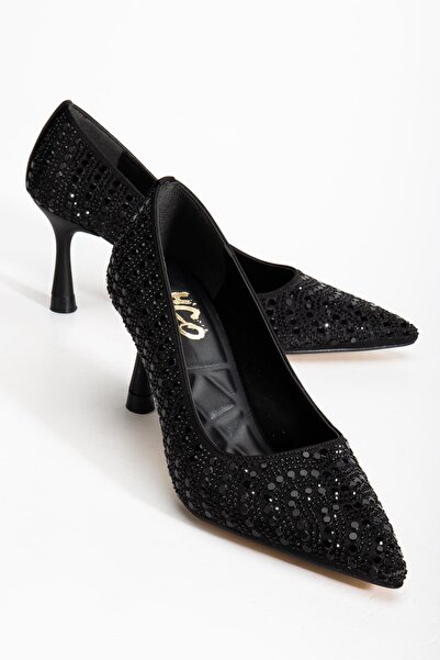 Dilimler Ayakkabı Black Women's Evening Dress Stiletto Heels Shoes with Stones Thin Heels