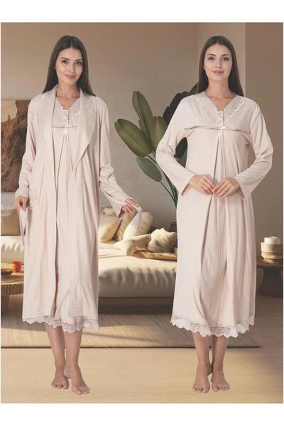 Lohusa Homewear Ženska haljina od nerca, Čipka komada, dugi rukavi, Pamuk kom...