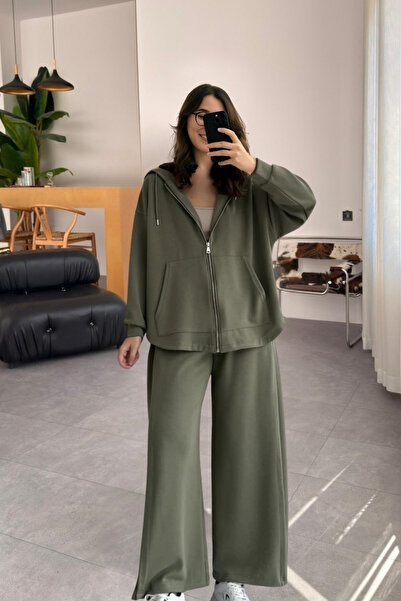 Le Savu SHILSEE KADIN MODAL KUMAŞ KAPÜŞONLU FERMUARLI HIRKA-EŞOFMAN TAKIM HAKİ