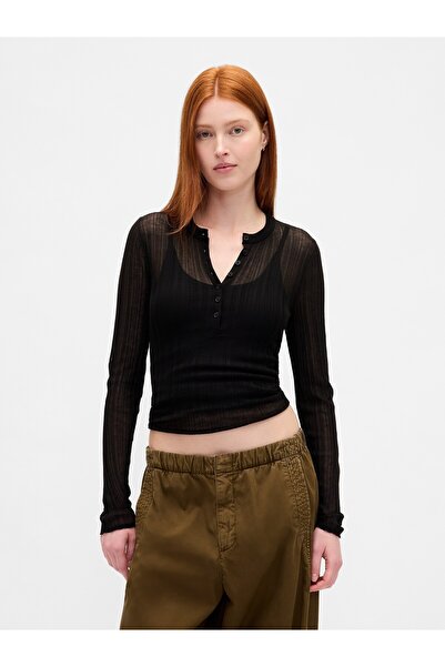 GAP Kadın Siyah Transparan Fitilli Henley Kazak