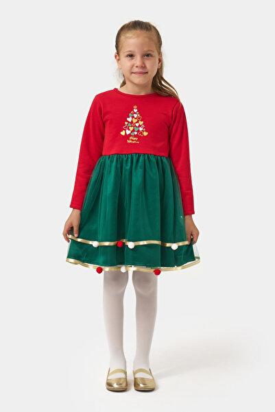 Minipodyum Φόρεμα για κορίτσια με σατέν λεπτομέρειες και πομπόν με θέμα την Πρωτοχρονιά