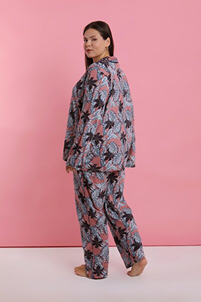 Akbeniz Women's Plus Size Salmon Leaf Pattern Buttoned Pajama Set