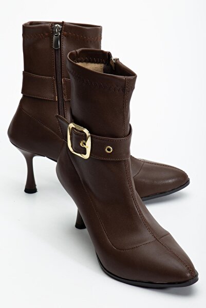 Dilimler Ayakkabı Brown Women's Heeled Boots Stretch Faux Leather Thin Heels