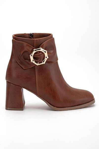 Dilimler Ayakkabı Tan Women's Thick Heeled Boots with Side Bow Accessory and Blunt Toe