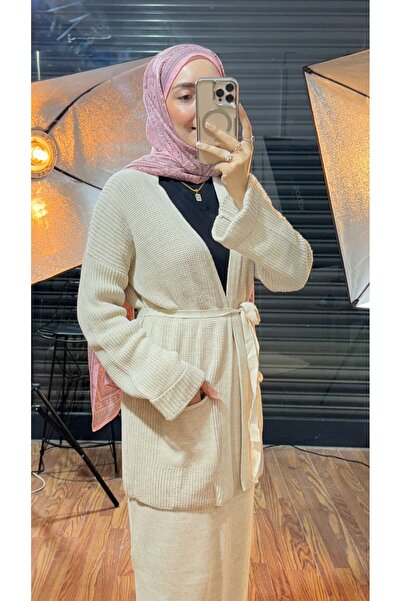 MY QILAM Women's Ecru Double Pocket Detailed V-Neck Cardigan with Skirt Hijab Bottom Top Knitwear Set