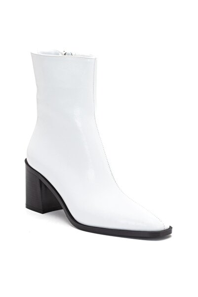 Dilimler Ayakkabı White Women's Thick Heeled Boots Patent Leather Blunt Toe Flat Bottom