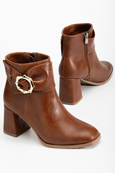 Dilimler Ayakkabı Tan Women's Thick Heeled Boots with Side Bow Accessory and Blunt Toe