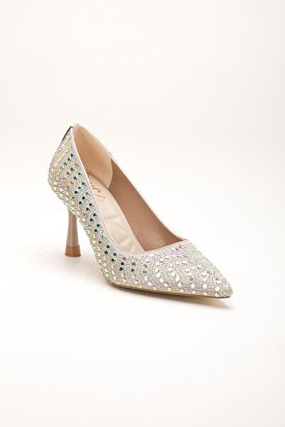 Dilimler Ayakkabı Ten Women's Evening Dress Stiletto Heeled Shoes with Stones and Thin Heels