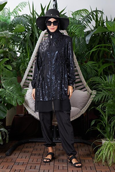 Moodbasic Tulle Shiny Striped Hijab Swimsuit - Black