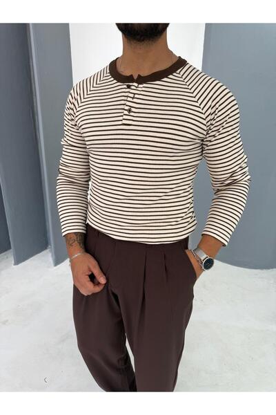 Combineman35 Мъжка раирана пуловер с копчета и ребра