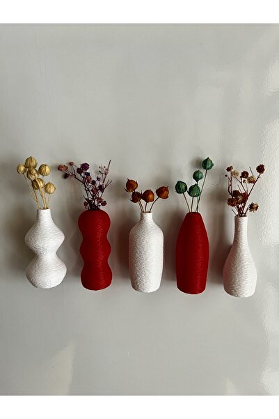 SERÜVENTR Miniflora - 5'li Magnetli Mini Vazo - Kırmızı & Beyaz - Buzdolabı Süsü