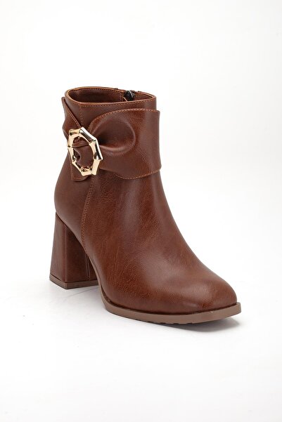 Dilimler Ayakkabı Tan Women's Thick Heeled Boots with Side Bow Accessory and Blunt Toe