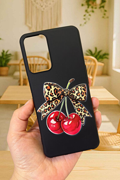 Vip Case OPPO A16 Uyumlu Kiraz Leopar Fiyonk Desenli Silikon Darbe Emici Klasik Korumalı Rubber Kılıf