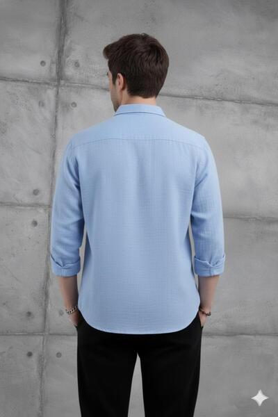 NO 601 Erkek Bebe Mavi Keten Müslin Gömlek
