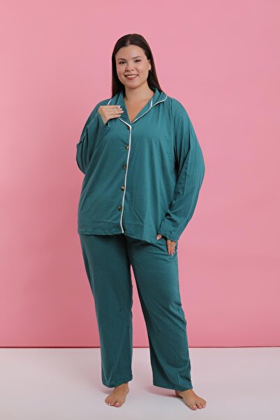 Akbeniz Women's Plus Size Petrol Color Buttoned Pajama Set